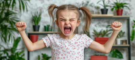 Angry little girl with pigtails shouting with tantrum, screaming with opened mouth at homeの素材
