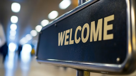 Close-up of a Generic Welcome Sign With Bokeh Background, Greeting and Hospitality Conceptの素材