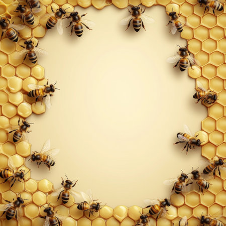 Honeycomb Frame With Working Bees, Natural Background With Copy Space For Text Or Designの素材