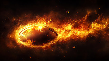 Fiery Rugby Ball on Fire A Dramatic Close-Up of a Rugby Ball Engulfed in Flames, Isolated on Blackの素材
