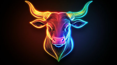 Neon Bull Head on Black Background A Vibrant, Modern Illustration of the Taurus Zodiac Signの素材