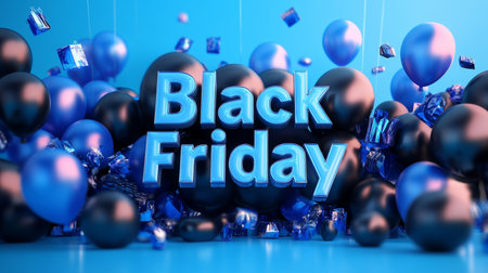 Black Friday Shopping Event Banner, 3D Illustration With Balloons And Confetti On Blue Backgroundの素材