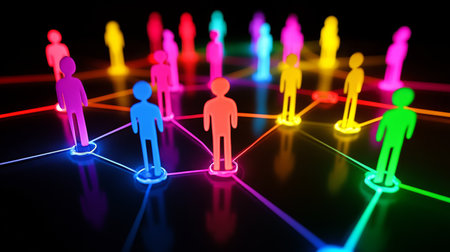 Vibrant Network Digital Connections Between Illuminated Human Figures On a Dark Backgroundの素材