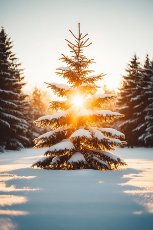 Winter Wonderland Scenic Sunset Over Snow Covered Pine Forest, Christmas  New Year Greeting Cardの素材