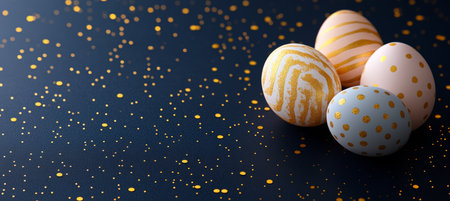 Elegant Gold and Pastel Easter Eggs on a Blue Glitter Background, Festive Holiday Decorの素材