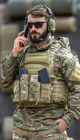 Focused Soldier in Active Combat Zone, Utilizing Tactical Gear, Relays Orders via Radio.の素材