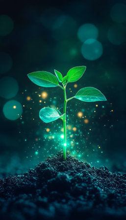 Green Sprout Glowing in the Dark With Magical Bright Particles, Concept of Life, Growthの素材