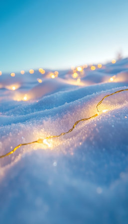 Snowy Landscape, Golden Glowing Christmas Lights On A Snowdrift, Christmas Backgroundの素材