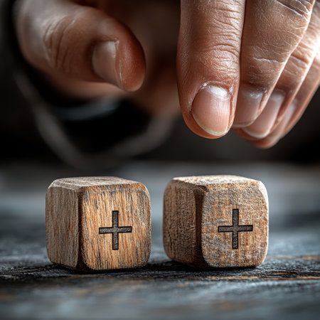Mans Hand Choosing Wooden Block With Plus Sign, Symbolizing Positive Decision Makingの素材