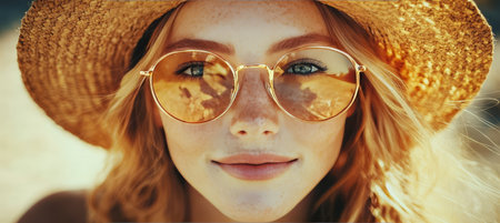 Close-up Of Woman With Freckles Wearing Sunglasses And Straw Hat, Summer Vibes, Fashionの素材