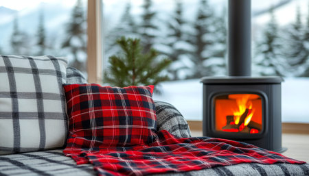 Cozy Winter Living Room With Burning Fireplace, Plaid Couch, and View of Snowy Forestの素材