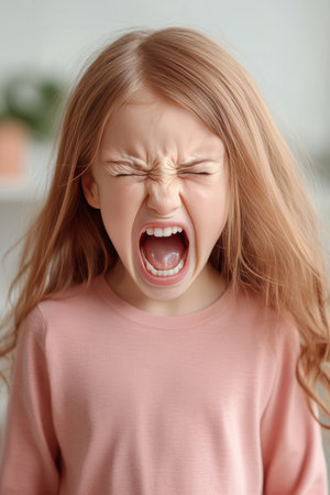 Portrait Of Frustrated Little Girl, Screaming With Closed Eyes, Expressing Stress And Angerの素材