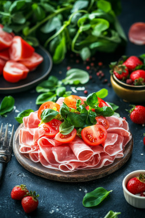 Gourmet Appetizer Thinly Sliced Ham with Fresh Tomatoes, Vibrant Herbs, and a Touch of Eleganceの素材