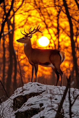 Majestic Buck at Sunset A Whitetail Deer Stands Proud Against the Golden Hour Sky During Winterの素材