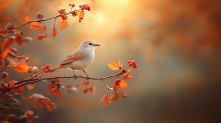Autumn Serenity Small Bird Perched on a Branch Adorned with Red Berries in Golden Lightの素材