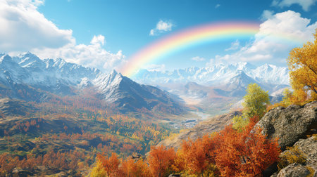 Vibrant Autumn Valley Vista Majestic Snow-Capped Mountain Peaks with a Colorful Rainbow Panoramaの素材