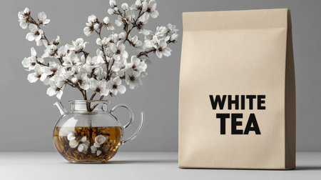 White Tea Packaging and Blooming Tea Glass Teapot with Tea Flowers and Kraft Paper Pouch on Gray.の素材