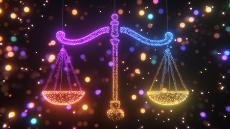 Scales Of Justice, Libra Zodiac Sign Sparkling With Colorful Bokeh Lights On A Dark Backgroundの素材
