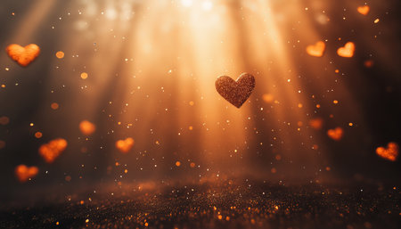 Golden. Hearts Floating in Sunbeams, a Magical Forest Atmosphere, Backdrop for Romance.の素材