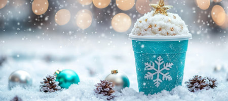 Festive Blue Cup with Winter Beverage, Sparkling Snowflakes and Ornaments, Holiday Cheer Conceptの素材