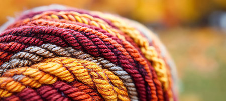 Warmth of Autumn Soft Yarn in Rich Orange, Red, Yellow Hues, Showcasing Texture and Vibrant Colorsの素材
