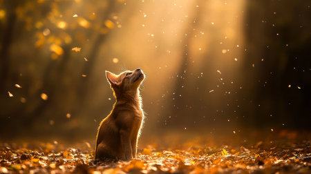 Golden Puppy, Autumn Light A Small Dog Sits Peacefully Amidst Falling Leaves in a Forest Setting.の素材