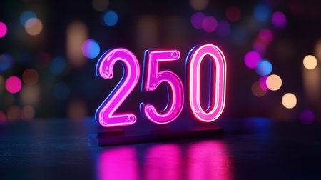 Glowing Neon Number 250 on a Dark Reflective Surface with a Colorful Bokeh Backgroundの素材