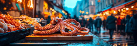 Fresh, Whole Octopus Displayed on a Cutting Board at a Bustling Seafood Market, Realistic Styleの素材