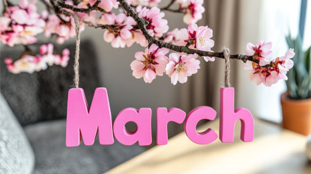 Hello March Pink Spring Blossoms and Hanging Letters Announce Arrival of Delightful New Monthの素材