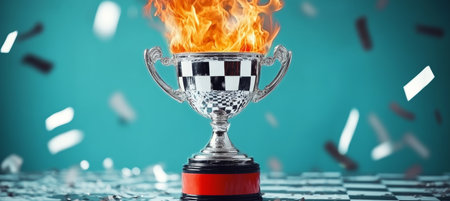 Silver Trophy Cup Engulfed in Flames with Checkered Detail on Blue Background with Confettiの素材