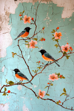 Three Birds on Branches, Flowering Cherry Blossoms, Vintage Chinese Wall Painting Styleの素材