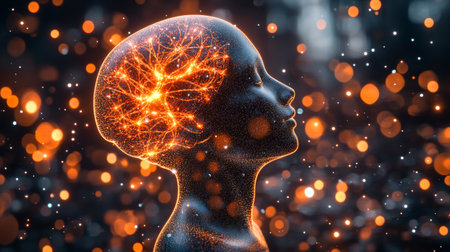 Human Brain 3D Illustration, Glowing Neurons, Cognitive Function, Intelligence, Mental Healthの素材