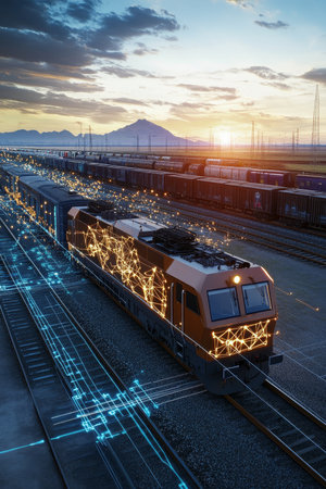 Smart Freight Train with Network Connectivity in an Industrial Rail Yard Against a Stunning Sunsetの素材