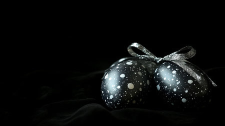 Black and Silver Easter Eggs on Black Velvet, Minimalist Easter Decoration with Copy Space.の素材