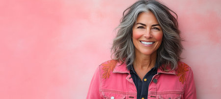 Portrait of a Beautiful, Confident Senior Woman with Grey Hair Smiling on a Vibrant Pink Backgroundの素材