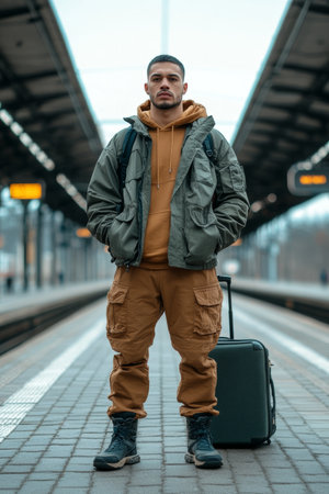 Young man with backpack and suitcase on platform, waiting for train, travel and adventure concept.の素材
