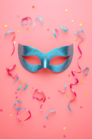 Blue Carnival Mask with Sparkly Confetti on a Pink Background, Festive Celebration Conceptの素材