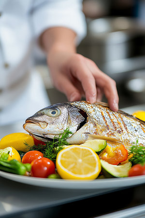 Chef plating grilled fish, culinary artistry, garnished, colorful vegetables, gourmet seafoodの素材