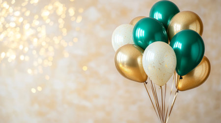 Green, White, And Gold Balloons With Bokeh, Ideal For Birthdays, Anniversaries, Celebrations.の素材