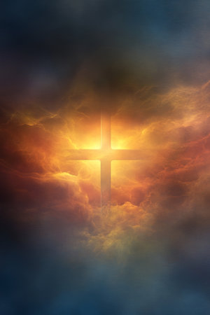 Glowing Cross in Cloudy Sky Symbol of Hope, Faith, and Resurrection, Christian Backgroundの素材
