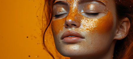 Close Up Portrait, Beautiful Redhead With Gold Glitter Makeup, Closed Eyes On Orange Backgroundの素材