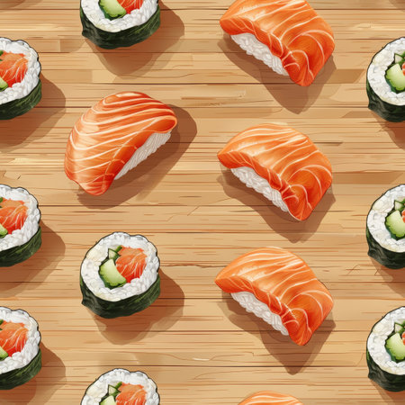 Seamless Pattern, Photorealistic Sushi Rolls on Warm Wood, Japanese Cuisine Backgroundの素材
