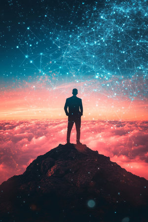 Visionary Leadership Silhouette On Peak Overlooking Digital Horizon and Technology Landscapeの素材