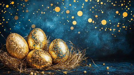 Sparkling Golden Easter Eggs Nestled in Hay on a Blue Background with Confetti and Bokehの素材