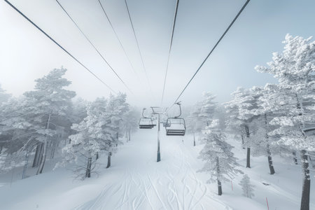 Winter Wonderland Chairlift Gliding Through Snowy Forest, Creating a Serene Mountain Landscapeの素材