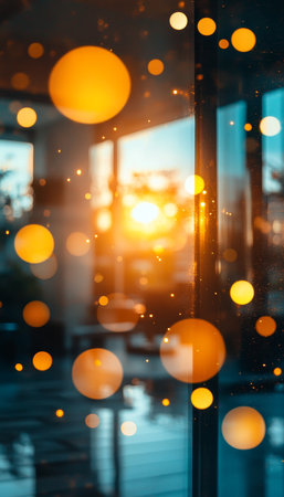 Glowing Cityscape Sunset through Window, Blurred Lights, Modern Urban Architecture Reflectionの素材