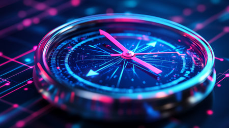 Digital Compass Navigating a Glowing Network of Data Points and Lines on Gradient Blueの素材