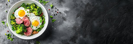 Ketogenic Diet Breakfast Seared Steak, Fried Eggs, Broccoli, And Arugula Salad In a Bowl.の素材