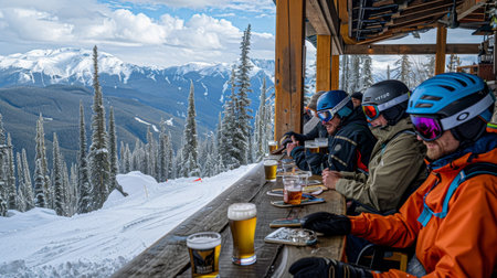 Aprs-Ski Celebration Group of Friends Enjoying Beers and Mountain Views at a Ski Resort Barの素材