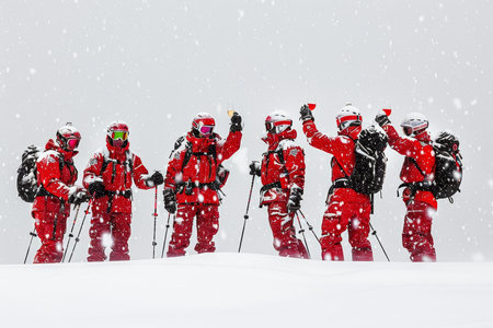 Celebrating on the Slopes Skiers Raise a Toast in Snowstorm, Camaraderie in Mountainsの素材